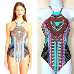 Laundry By Shelli Segal Tribal Goddess Strappy High Neck Swimsuit Size XS